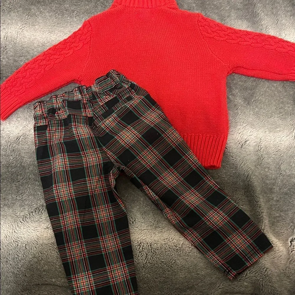 Cat & Jack Red Cable Knit Sweater and Plaid Pants like New Condition